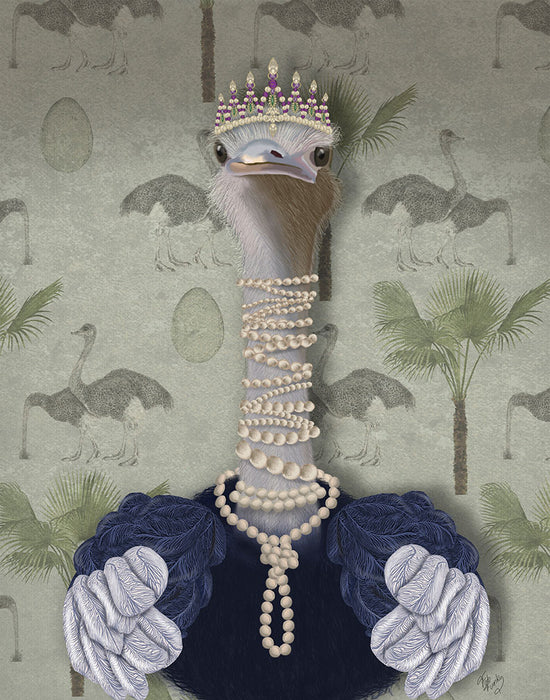 Ostrich and Pearls, Portrait, Bird Art Print, Wall Art | FabFunky