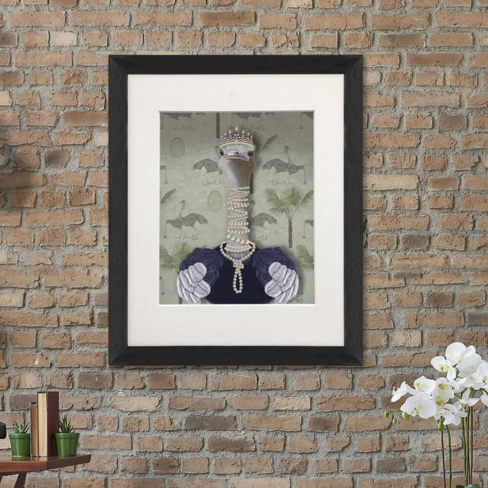 Ostrich and Pearls, Portrait, Bird Art Print, Wall Art | Print 14x11inch
