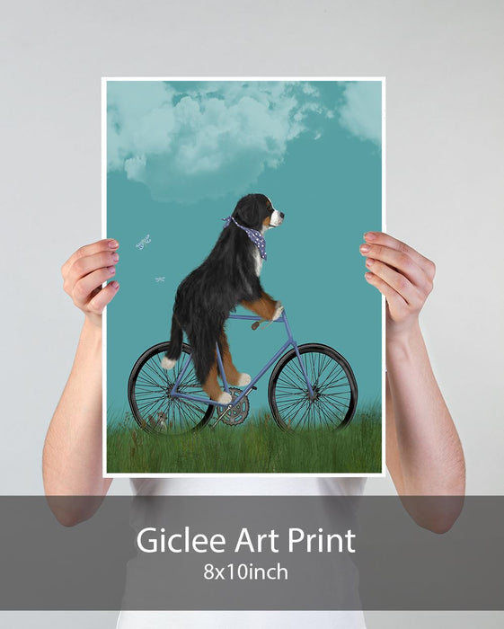 Bernese on Bicycle - Sky, Dog Art Print, Wall art | Print 24x36in