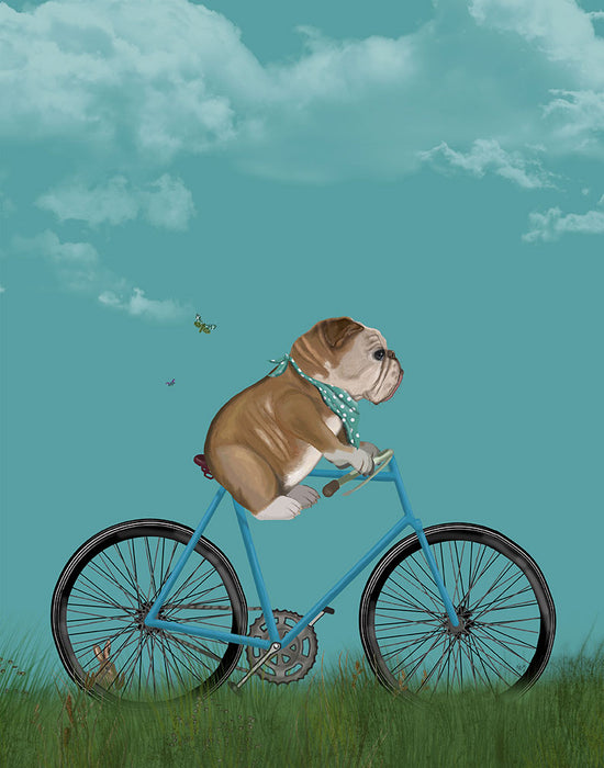 English Bulldog on Bicycle - Sky, Dog Art Print, Wall art | FabFunky