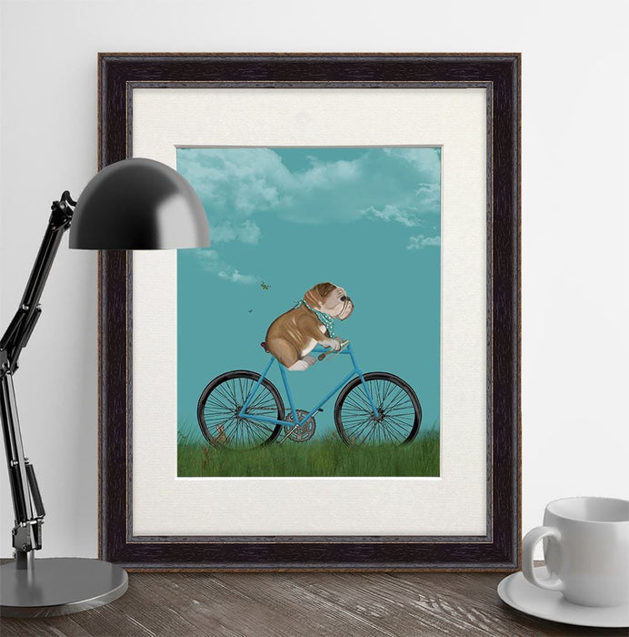 English Bulldog on Bicycle - Sky, Dog Art Print, Wall art | Print 14x11inch