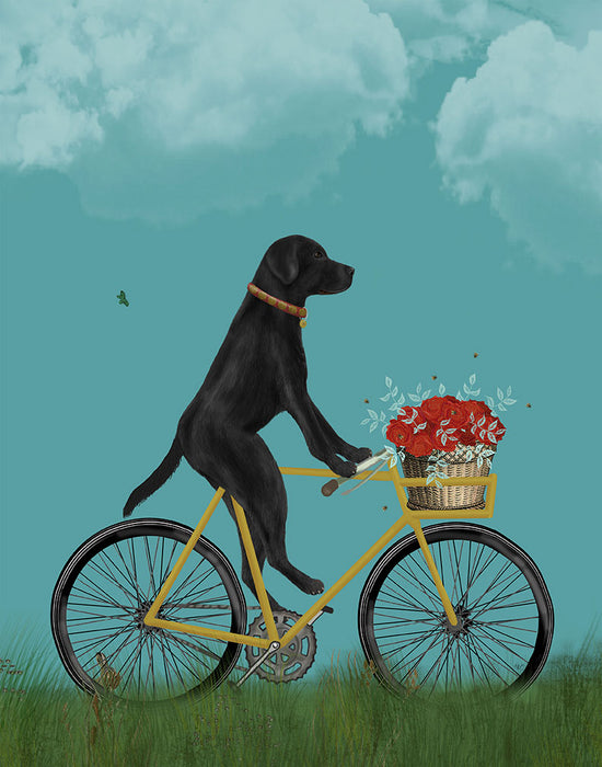 Labrador Black on Bicycle - Sky, Dog Art Print, Wall art | FabFunky