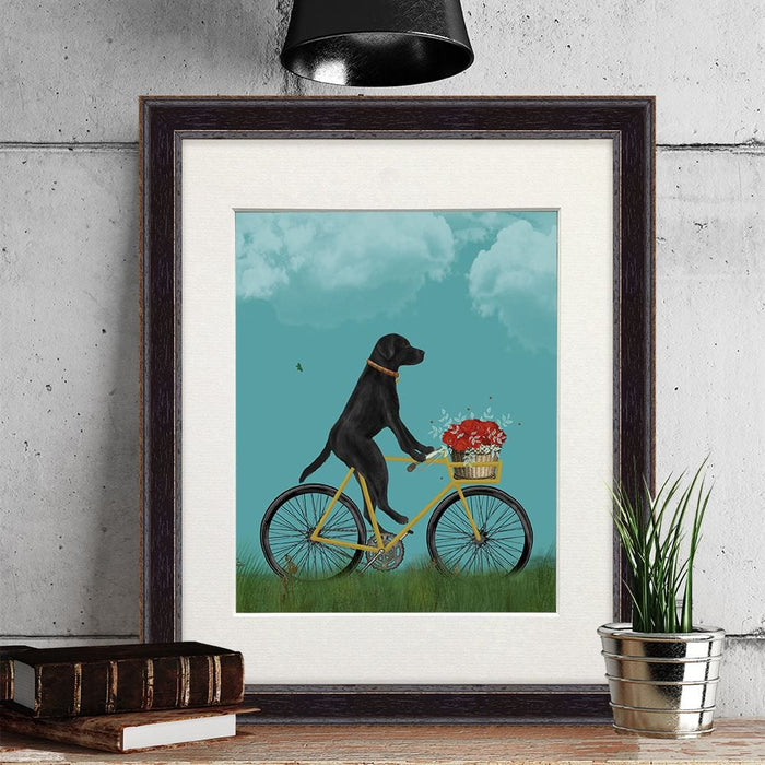 Labrador Black on Bicycle - Sky, Dog Art Print, Wall art | Print 14x11inch