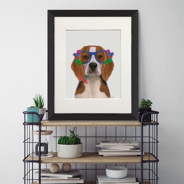 Beagle and Flower Glasses , Dog Art Print, Wall art | Print 14x11inch