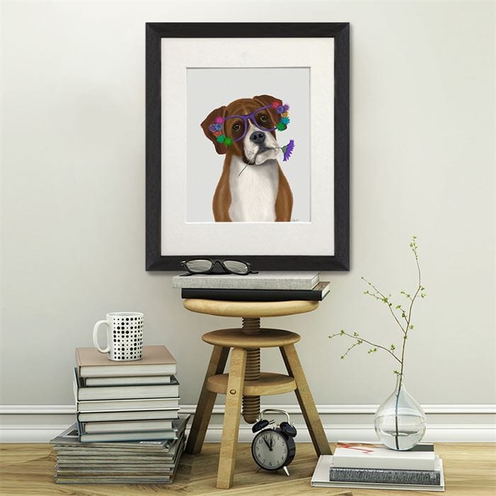 Boxer and Flower Glasses, Dog Art Print, Wall art | Print 14x11inch