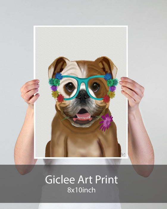 English Bulldog and Flower Glasses, Dog Art Print, Wall art | Print 18x24inch