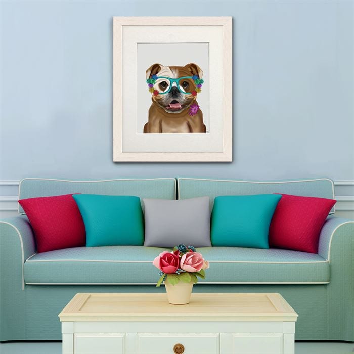 English Bulldog and Flower Glasses, Dog Art Print, Wall art | Print 14x11inch