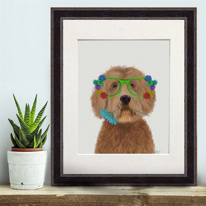 Labradoodle Golden and Flower Glasses, Dog Art Print, Wall art | Print 14x11inch