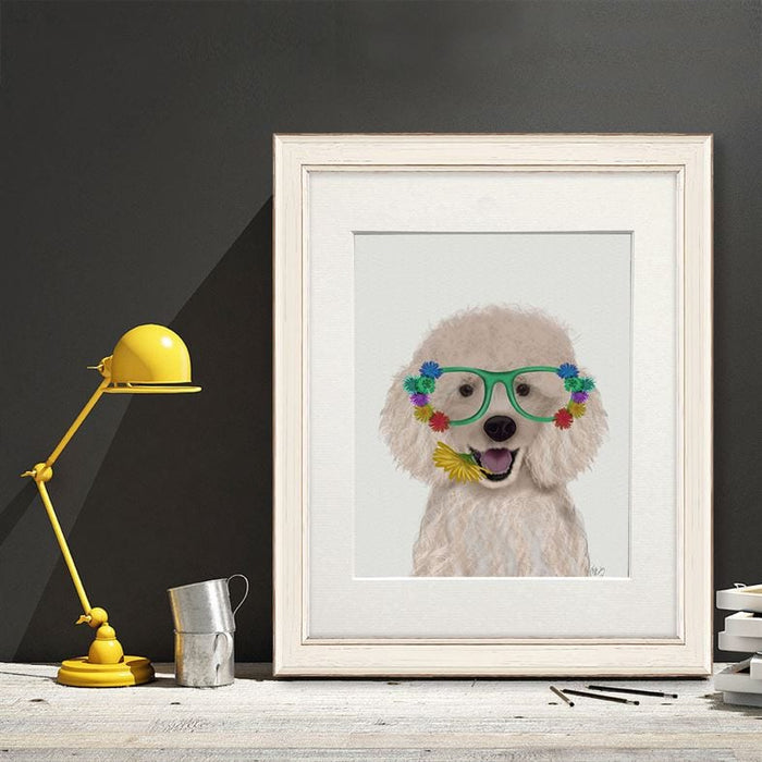 Poodle, White and Flower Glasses, Dog Art Print, Wall art | Print 14x11inch