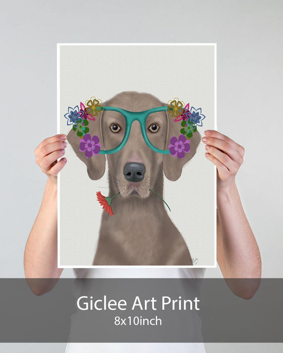 Weimaraner  and Flower Glasses, Dog Art Print, Wall art | Print 24x36in