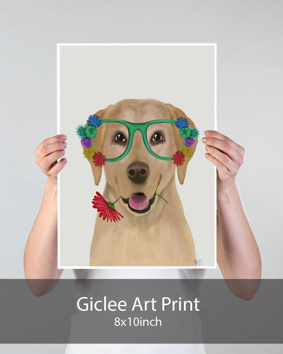 Labrador Yellow and Flower Glasses, Dog Art Print, Wall art | Print 18x24inch