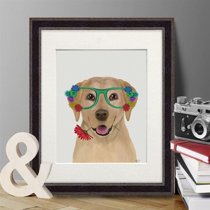 Labrador Yellow and Flower Glasses, Dog Art Print, Wall art | Print 14x11inch