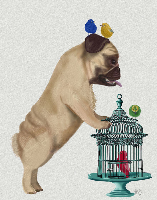 Pug and Birdcage, Dog Art Print, Wall art | FabFunky