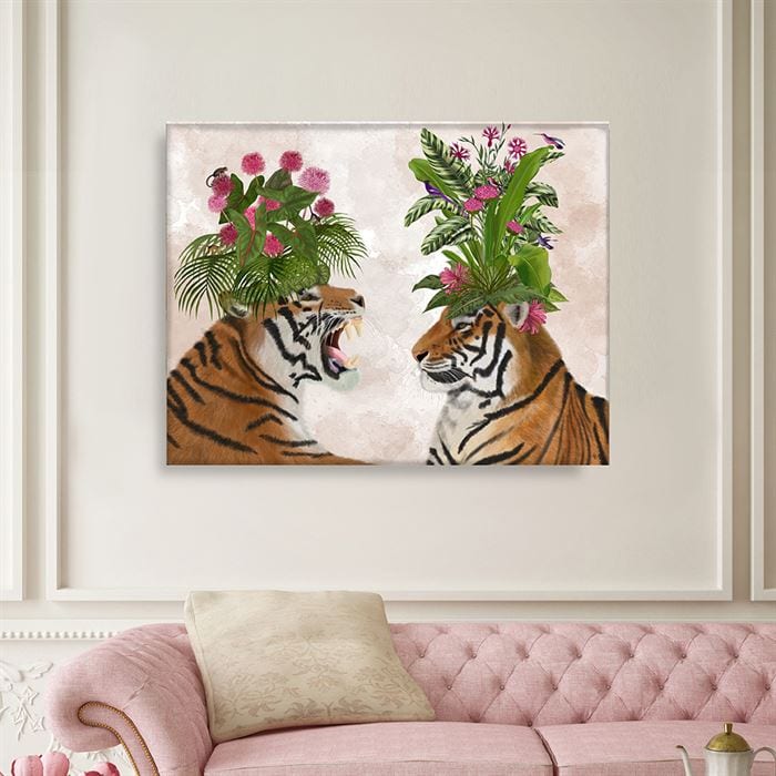 Hot House Tigers, Pair, Pink Green, Art Print | Print 14x11inch