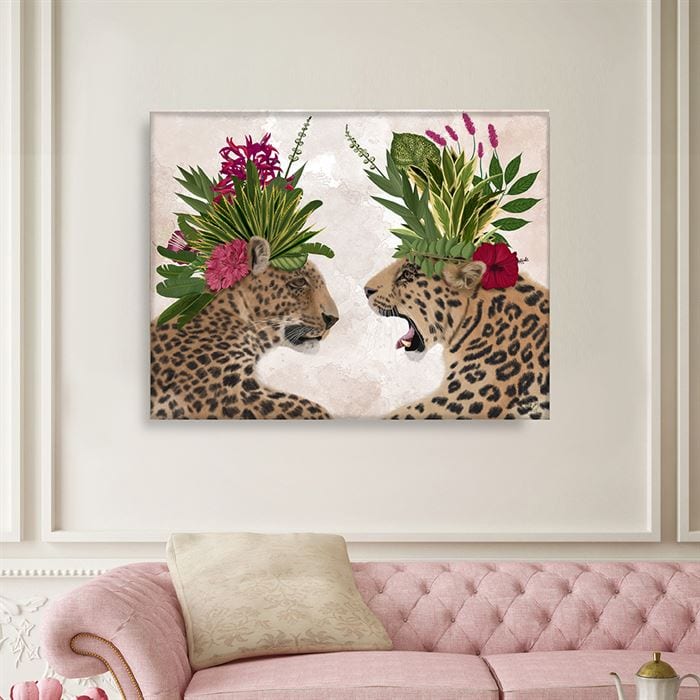 Hot House Leopards, Pair, Pink Green, Art Print | Print 14x11inch