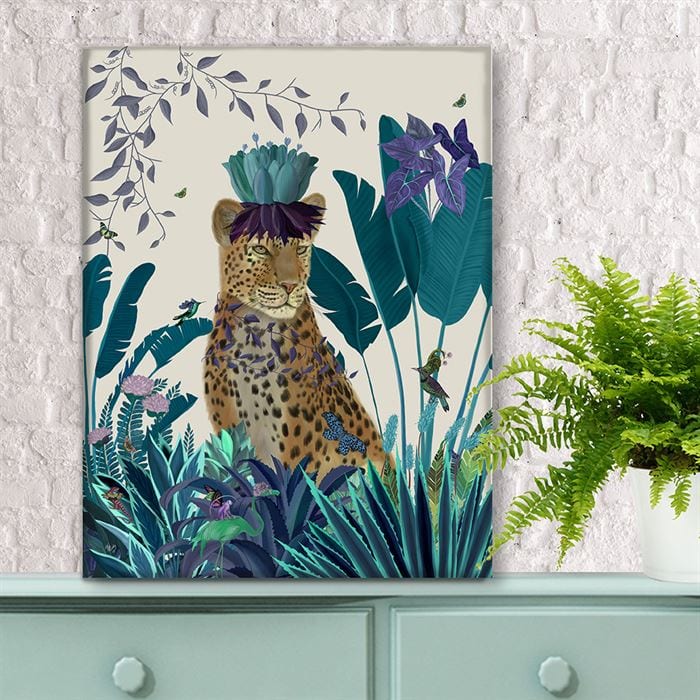 Tropical Leopard, Blue, Art Print, Canvas Wall Art | Print 14x11inch