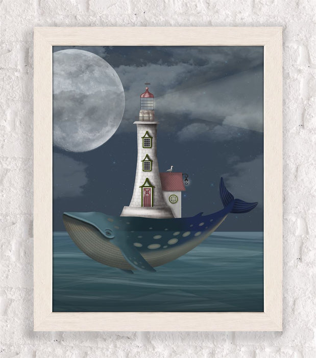Whale Lighthouse, Night time, Nautical print, Coastal art