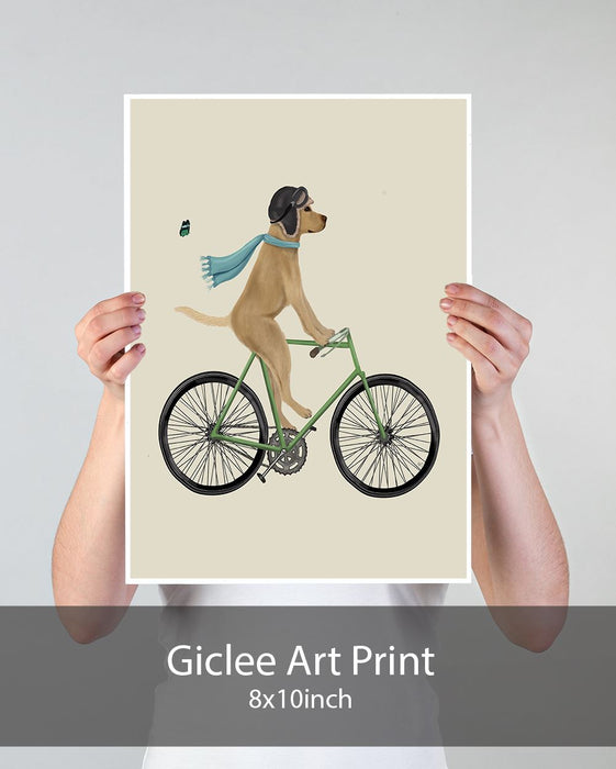 Labrador Yellow in Flying Helmet on Bicycle, Dog Art Print, Wall art | Print 18x24inch