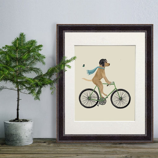 Labrador Yellow in Flying Helmet on Bicycle, Dog Art Print, Wall art | Print 14x11inch