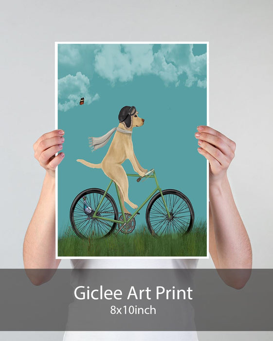 Labrador Yellow in Flying Helmet on Bicycle, Sky, Dog Art Print, Wall art | Print 18x24inch