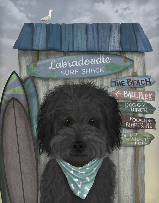 Labradoodle, Black, Surf Shack, Dog Art Print, Wall art | FabFunky