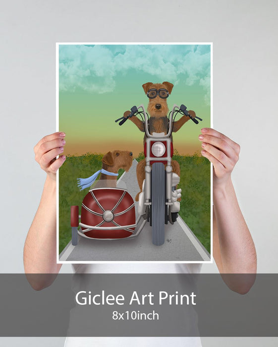 Airedale Chopper and Sidecar, Dog Art Print, Wall art | Print 18x24inch