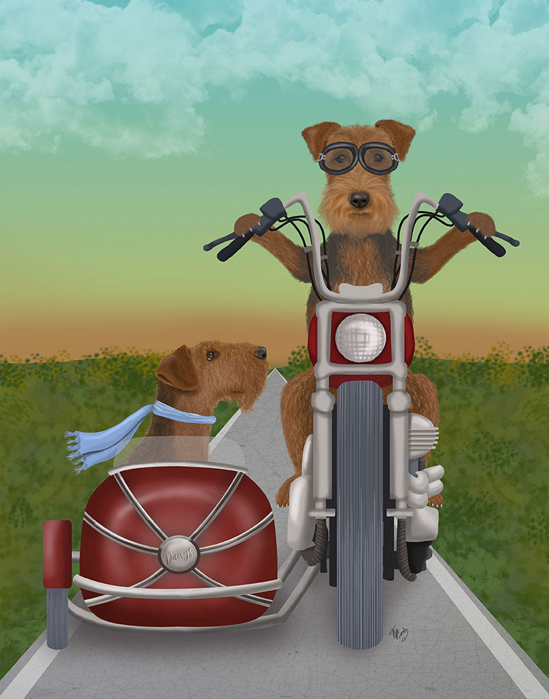 Airedale Chopper and Sidecar, Dog Art Print, Wall art | FabFunky