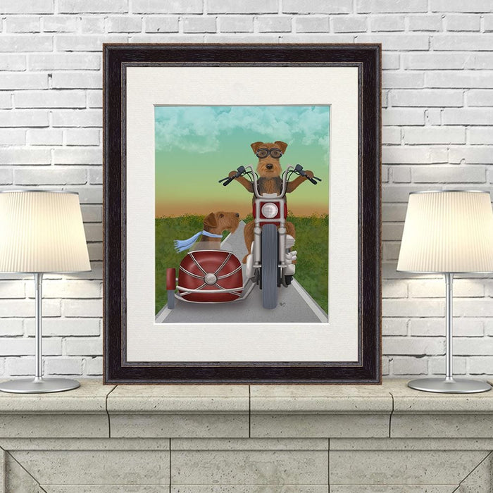 Airedale Chopper and Sidecar, Dog Art Print, Wall art | Print 14x11inch