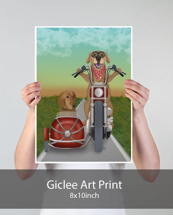 Golden Retriever Chopper and Sidecar, Dog Art Print, Wall art | Print 18x24inch