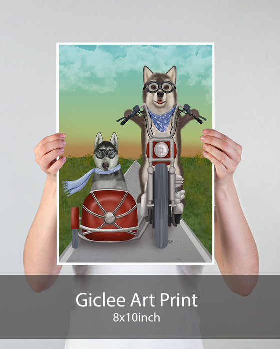 Husky Chopper and Sidecar, Dog Art Print, Wall art | Print 18x24inch