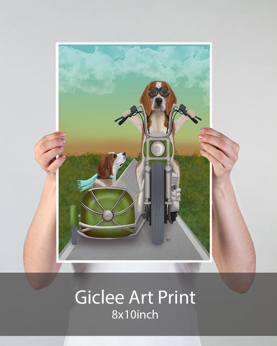 Beagle Chopper and Sidecar, Dog Art Print, Wall art | Print 18x24inch