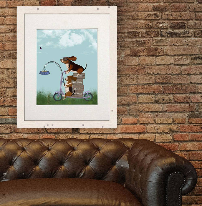 Basset Hound Scooter, Dog Art Print, Wall art | Print 14x11inch