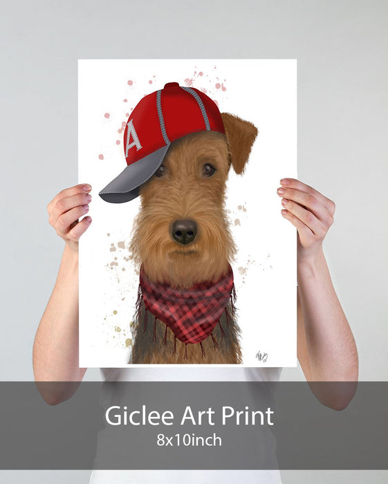 Airedale and Baseball Cap, Dog Art Print, Wall art | Print 18x24inch