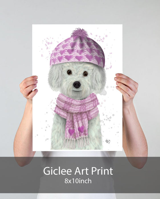 Bichon Frise in Pink Bobble Hat, Dog Art Print, Wall art | Print 18x24inch