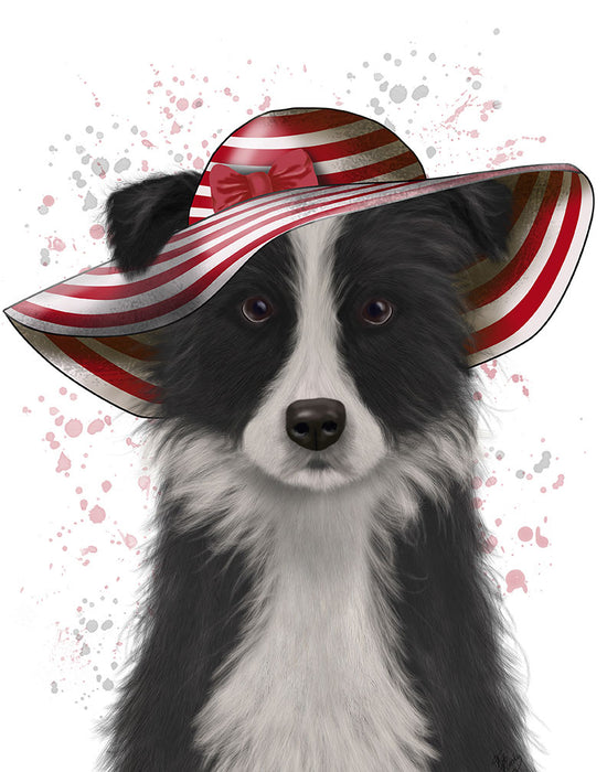 Border Collie in Red and White Floppy Hat, Dog Art Print, Wall art | FabFunky