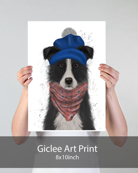 Border Collie in Blue Bobble Hat, Dog Art Print, Wall art | Print 18x24inch