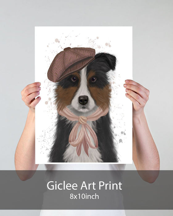 Border Collie Hat and Pink Scarf, Dog Art Print, Wall art | Print 18x24inch