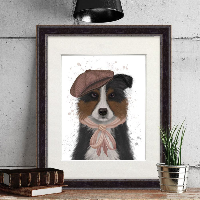 Border Collie Hat and Pink Scarf, Dog Art Print, Wall art | Print 14x11inch