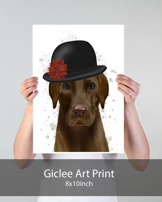 Chocolate Labrador and Bowler, Dog Art Print, Wall art | Print 18x24inch