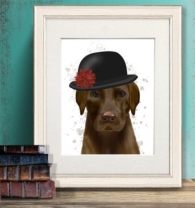 Chocolate Labrador and Bowler, Dog Art Print, Wall art | Print 14x11inch