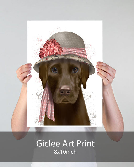 Chocolate Labrador Hat and Pink Scarf, Dog Art Print, Wall art | Print 18x24inch