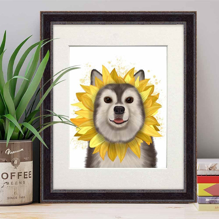 Husky Sunflower, Dog Art Print, Wall art | Print 14x11inch
