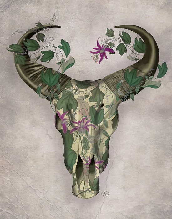 Cow Skull and Passion Flowers, Art Print, Canvas Wall Art | FabFunky