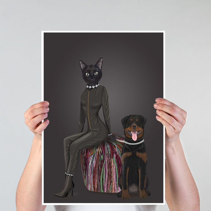 Black Cat and Rottweiler, Art Print, Canvas Wall Art