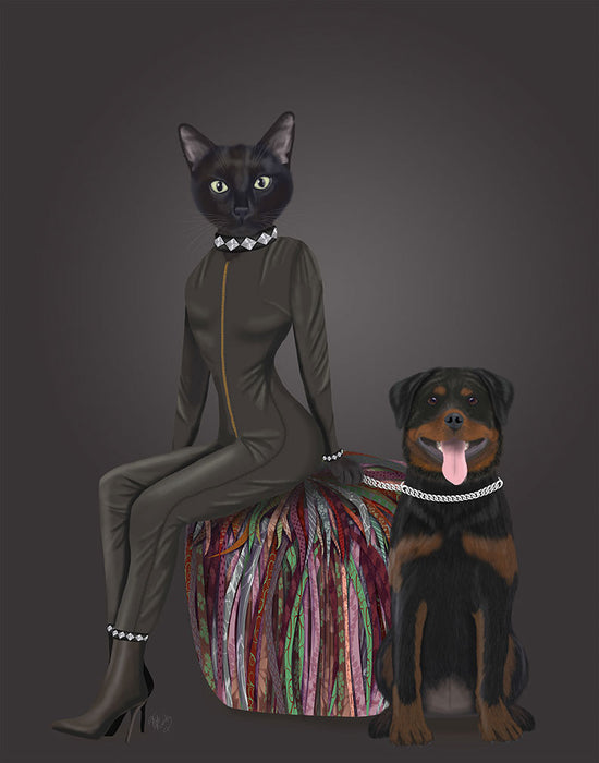 Black Cat and Rottweiler, Art Print, Canvas Wall Art | FabFunky