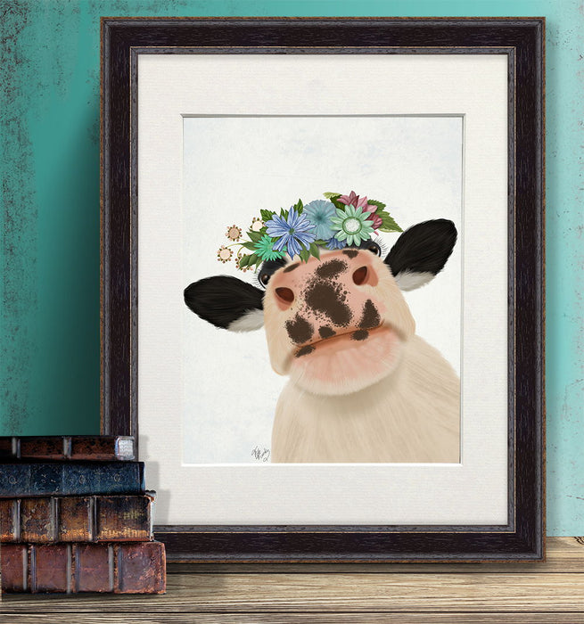 Cow with Flower Crown 2, Animal Art Print, Wall Art | Print 14x11inch