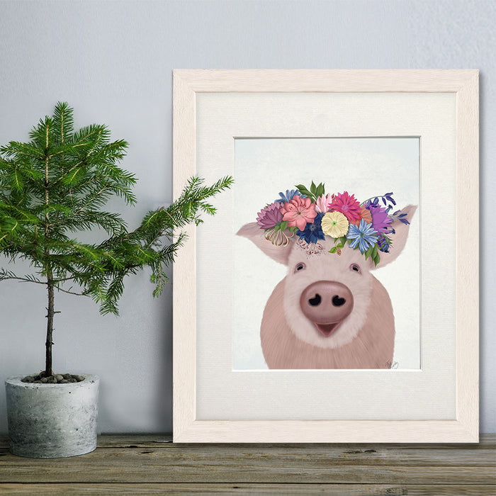 Pig and Flower Crown, Animal Art Print, Wall Art | Print 14x11inch