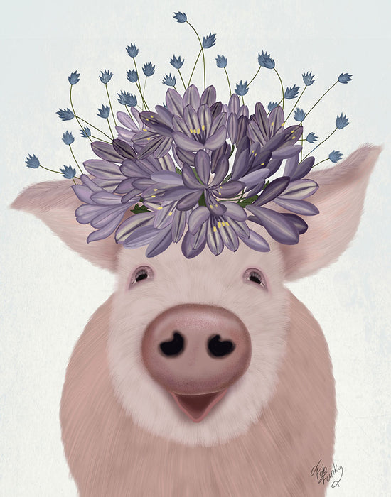 Pig and Lilac Flowers, Animal Art Print, Wall Art | FabFunky