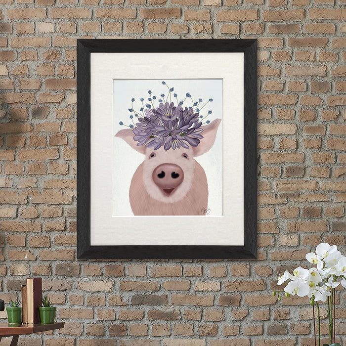 Pig and Lilac Flowers, Animal Art Print, Wall Art | Print 14x11inch
