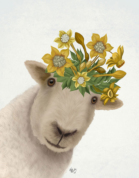 Sheep with Daffodil Crown, Animal Art Print, Wall Art | FabFunky